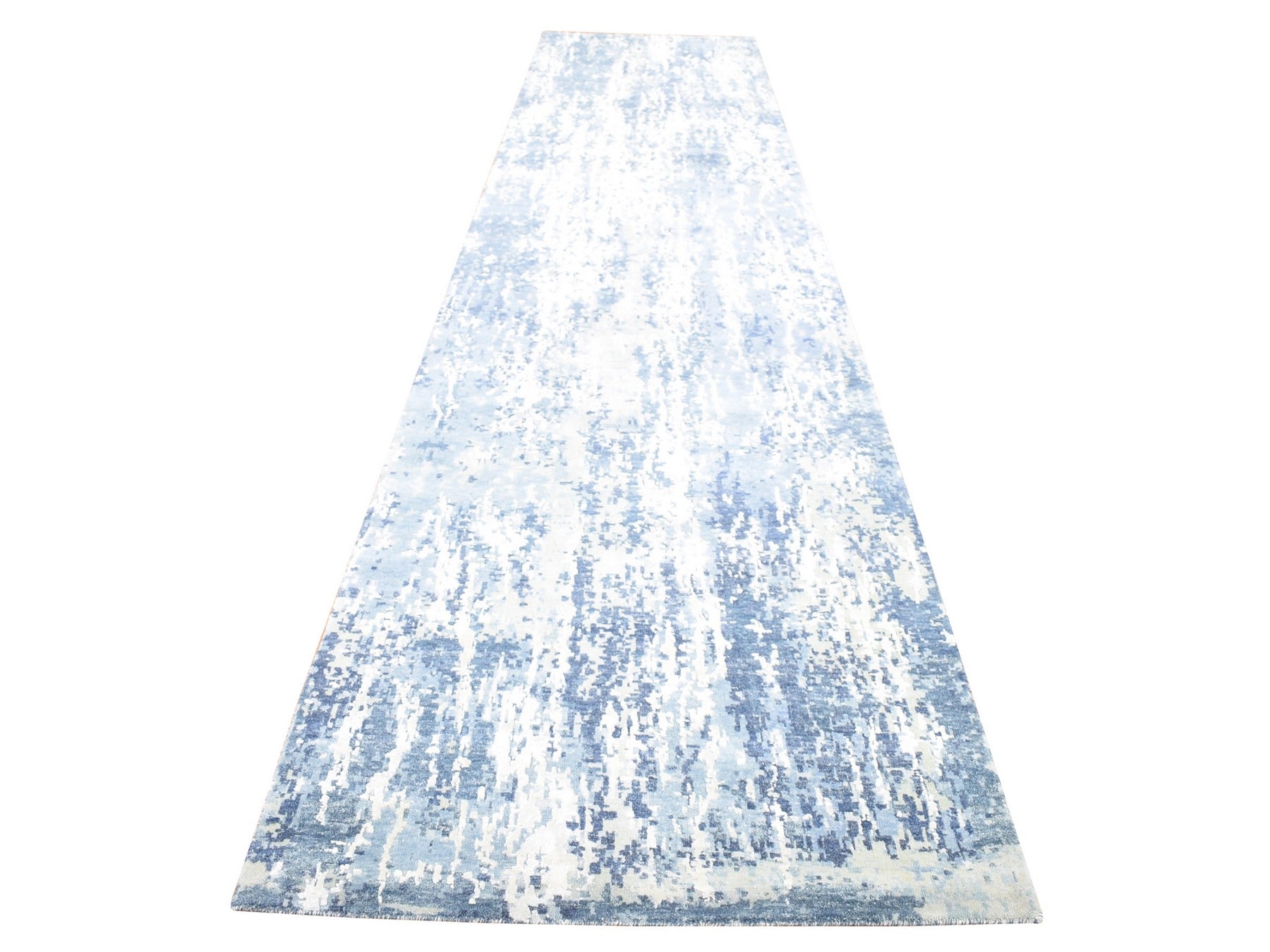 Modern / Contemporary hand-knotted wool/silk runner in Blue, 3'8" x 17'2" — SKU O066984