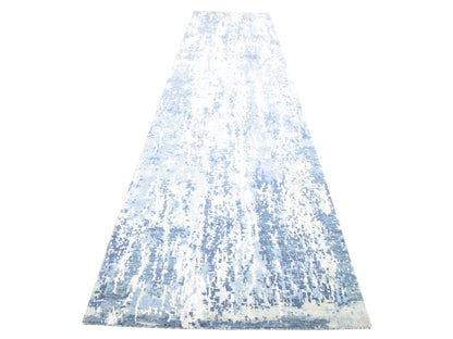 Modern / Contemporary hand-knotted wool/silk runner in Blue, 3'8" x 17'2" — SKU O066984