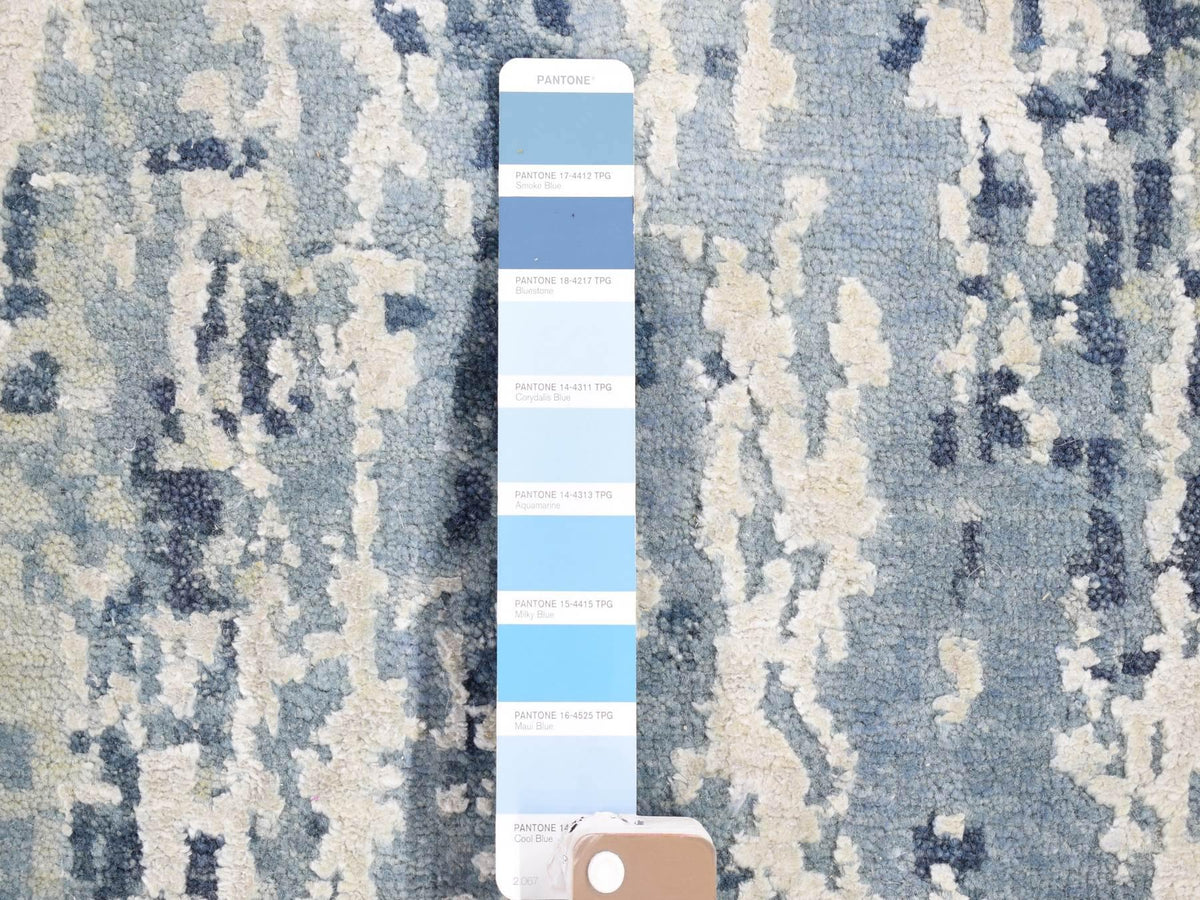Modern / Contemporary hand-knotted wool/silk runner in Blue, 3'8" x 17'2" — SKU O066984 (view 3)