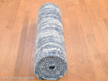 Blue 3'8" x 17'2" Modern and Contemporary Hand knotted Wool/Silk Rug - Sku: O066984