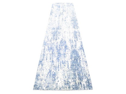Modern / Contemporary hand-knotted wool/silk runner in Blue, 2'7" x 12'2" — SKU O066985