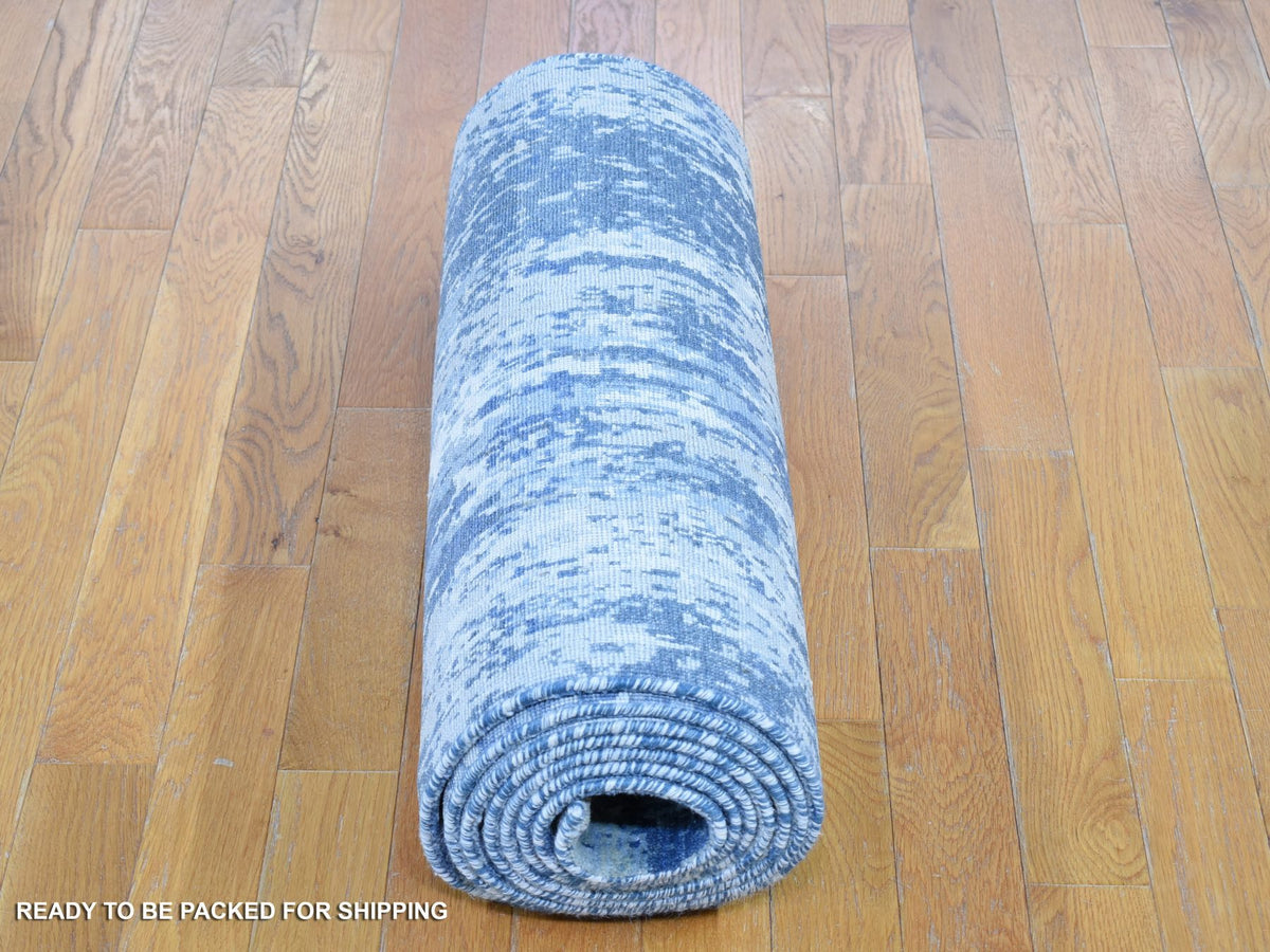 Modern / Contemporary hand-knotted wool/silk runner in Blue, 2'7" x 12'2" — SKU O066985 (view 7)