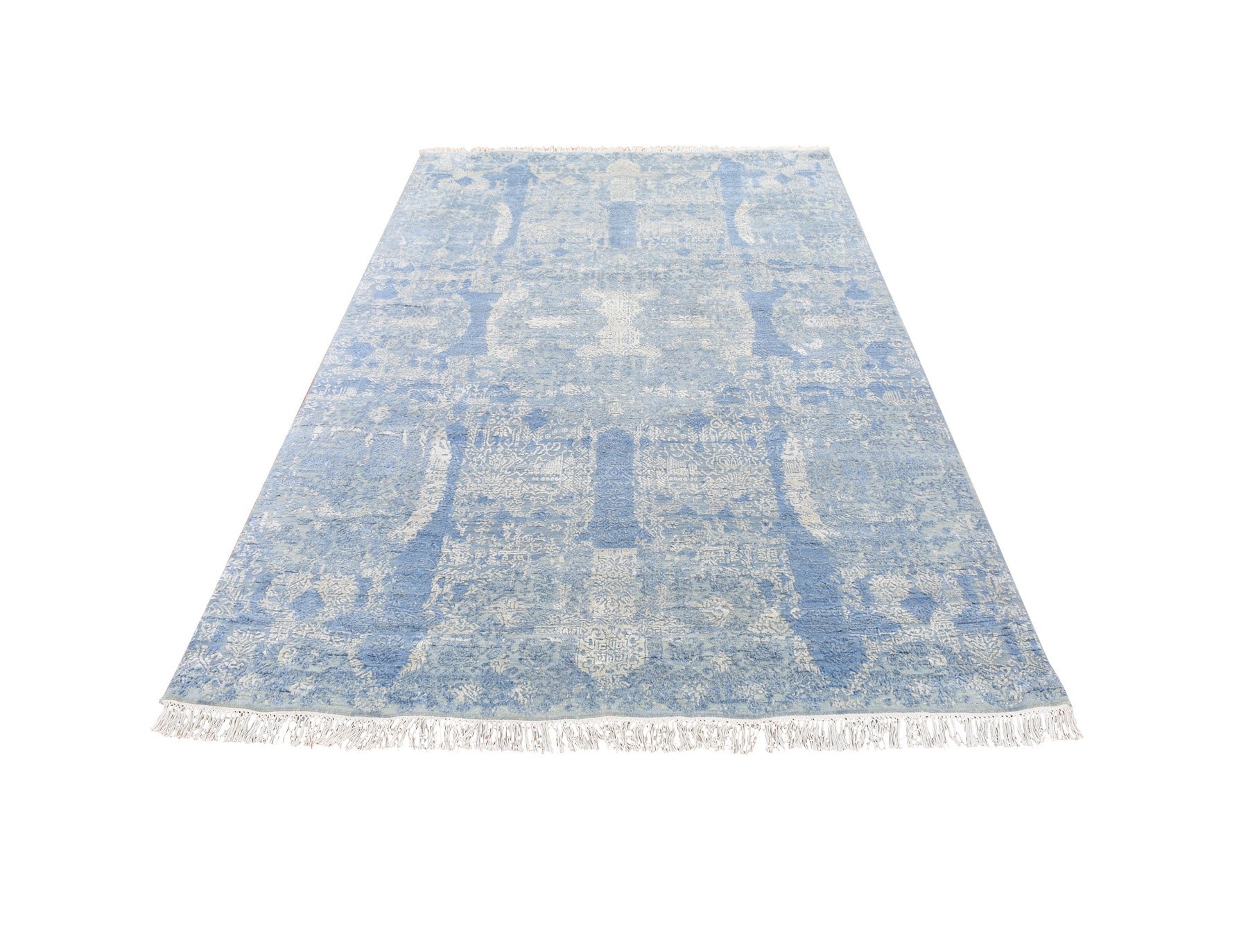Modern / Contemporary hand-knotted wool/silk rug in Blue, 6' x 9'3" — SKU O066986