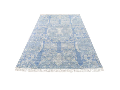 Modern / Contemporary hand-knotted wool/silk rug in Blue, 6' x 9'3" — SKU O066986