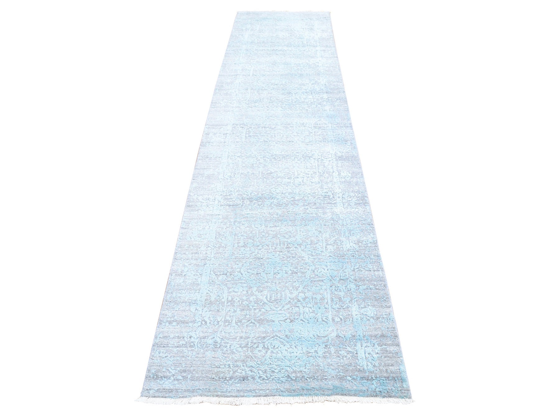 Transitional hand-knotted wool/silk runner in Blue, 2'7" x 14' — SKU O066988