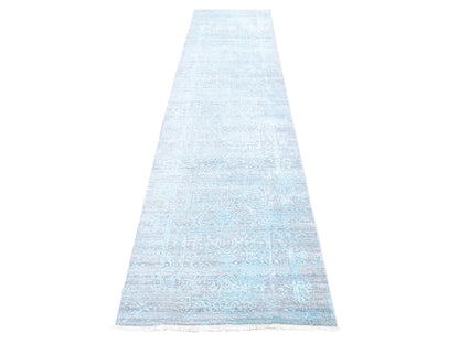 Transitional hand-knotted wool/silk runner in Blue, 2'7" x 14' — SKU O066988