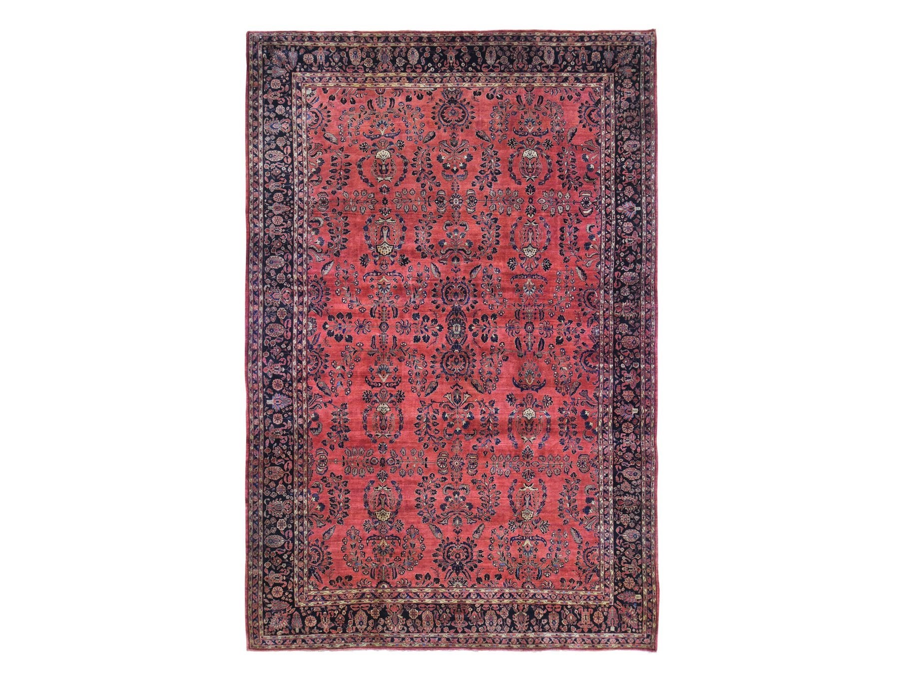 Sarouk Antique hand-knotted wool rug in Red & Navy Blue, 12'4" x 19'3" — SKU O066991
