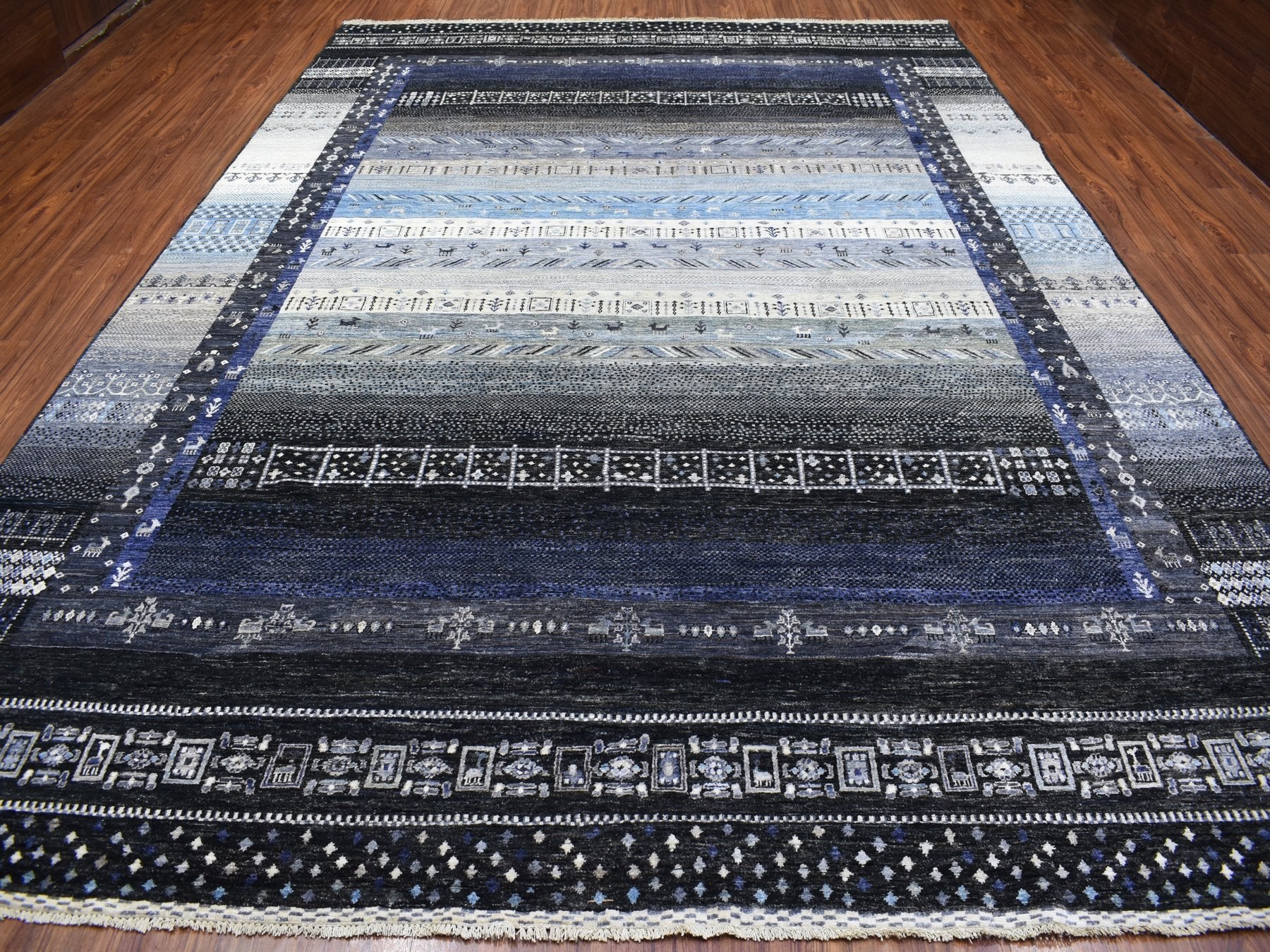 Gabbeh Tribal & Geometric hand-knotted wool rug in Black, 10' x 14' — SKU O067396 (view 2)