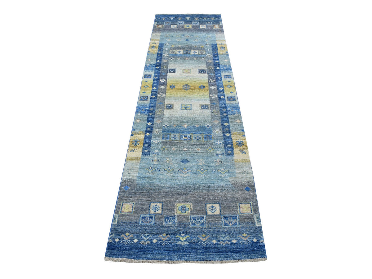 Gabbeh Tribal & Geometric hand-knotted wool runner in Blue, 2'5" x 9'7" — SKU O067399