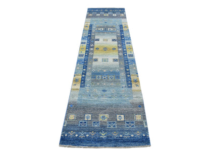Gabbeh Tribal & Geometric hand-knotted wool runner in Blue, 2'5" x 9'7" — SKU O067399
