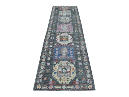 Grey 2'10" x 9'10" Tribal & Geometric Hand knotted Wool Rug - Sku: O067427
