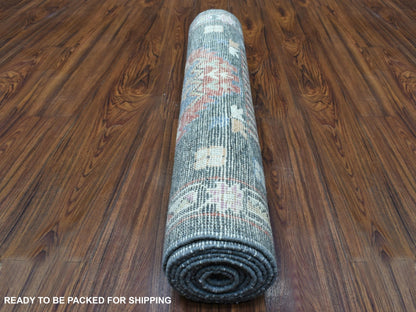 Grey 2'10" x 9'10" Tribal & Geometric Hand knotted Wool Rug - Sku: O067427