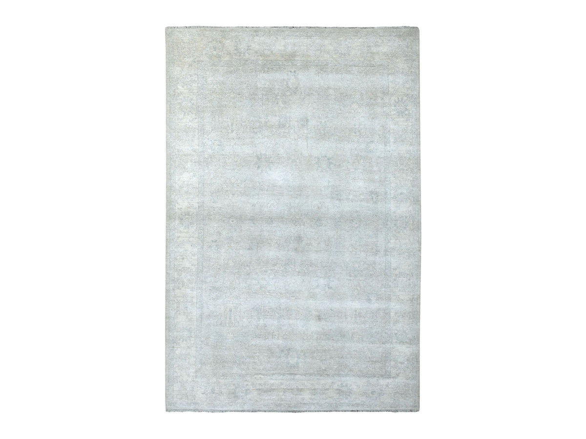 Peshawar Oushak hand-knotted wool rug in Beige & Silver Blue, 6'1" x 9' — SKU O067500