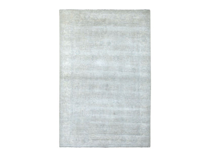 Peshawar Oushak hand-knotted wool rug in Beige & Silver Blue, 6'1" x 9' — SKU O067500