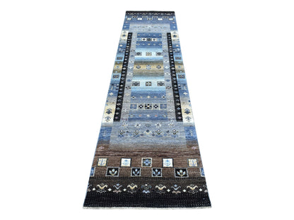 Grey 2'4" x 9'9" Tribal & Geometric Hand knotted Wool Rug - Sku: O067533