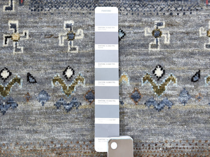 Grey 2'4" x 9'9" Tribal & Geometric Hand knotted Wool Rug - Sku: O067533