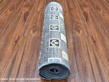 Grey 2'4" x 9'9" Tribal & Geometric Hand knotted Wool Rug - Sku: O067533