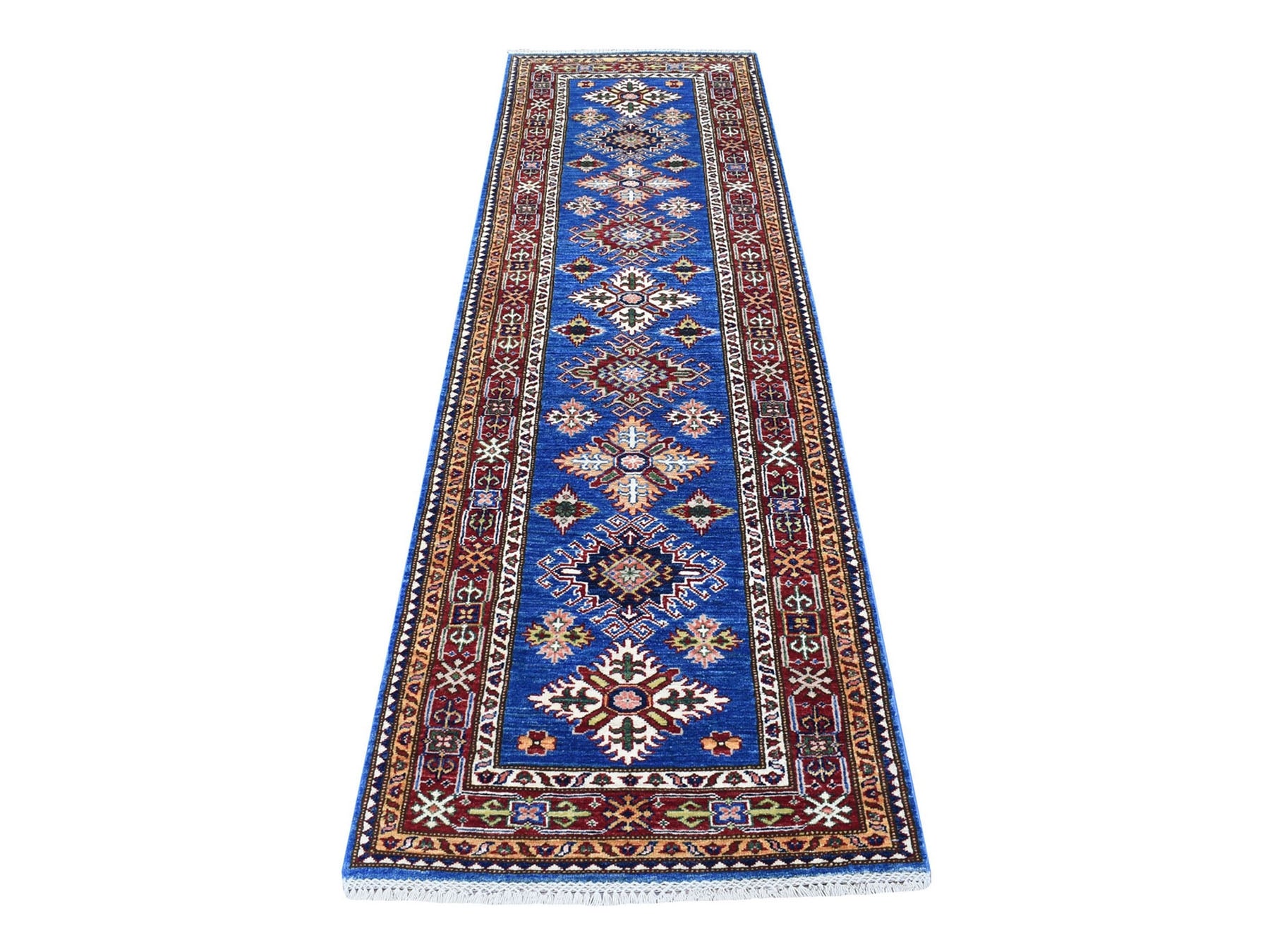 Kazak Kazak hand-knotted wool runner in Blue & Red, 2'7" x 8'7" — SKU O067660