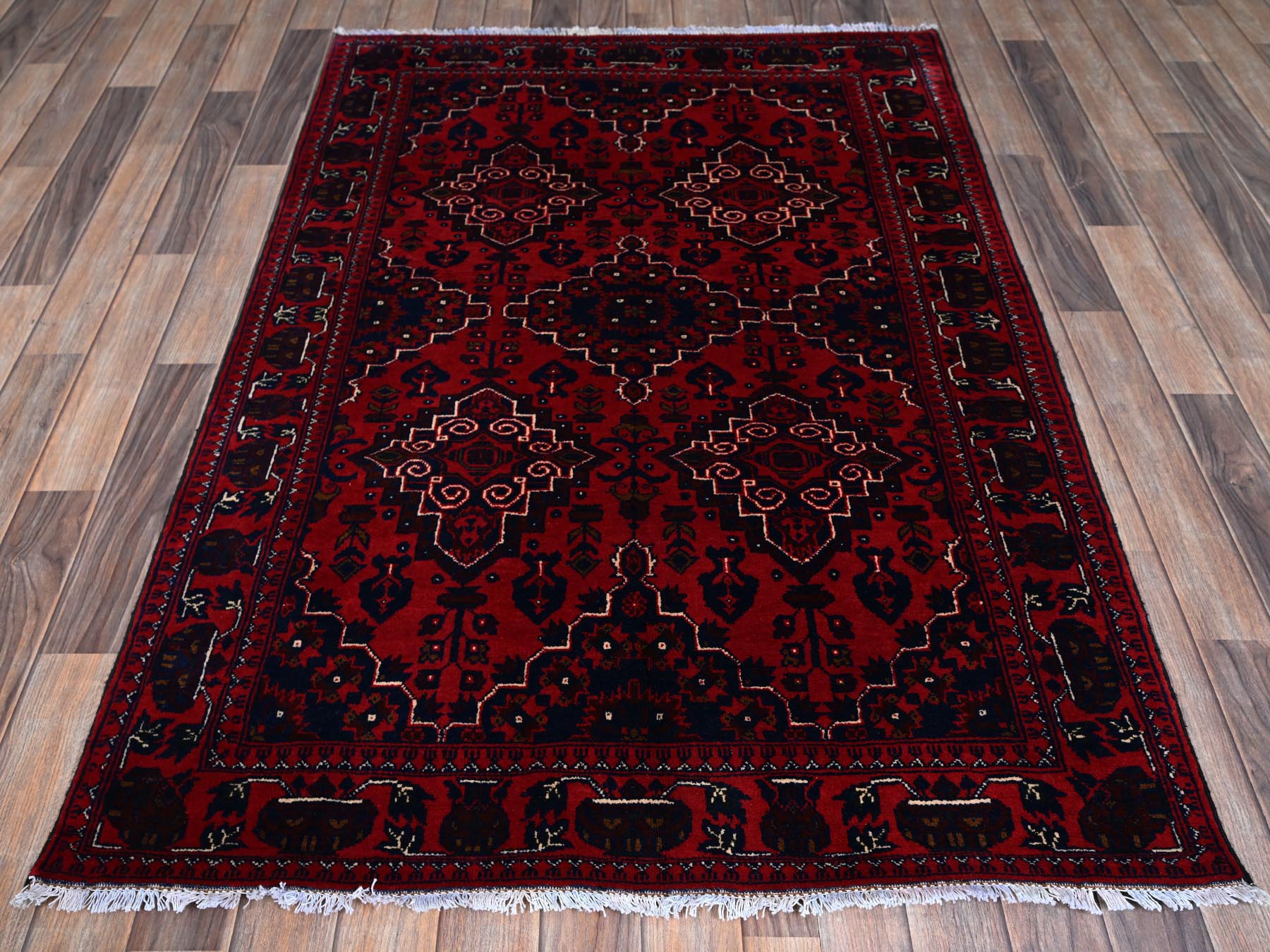 Tribal & Geometric hand-knotted wool rug in Red, 3'10" x 5'7" — SKU O0676 (view 2)