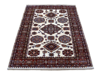 Ivory 3'10" x 5'0" Kazak Hand knotted Wool Rug - Sku: O067723