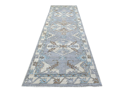 Grey 3'10" x 12'1" Tribal & Geometric Hand knotted Wool Rug - Sku: O067916