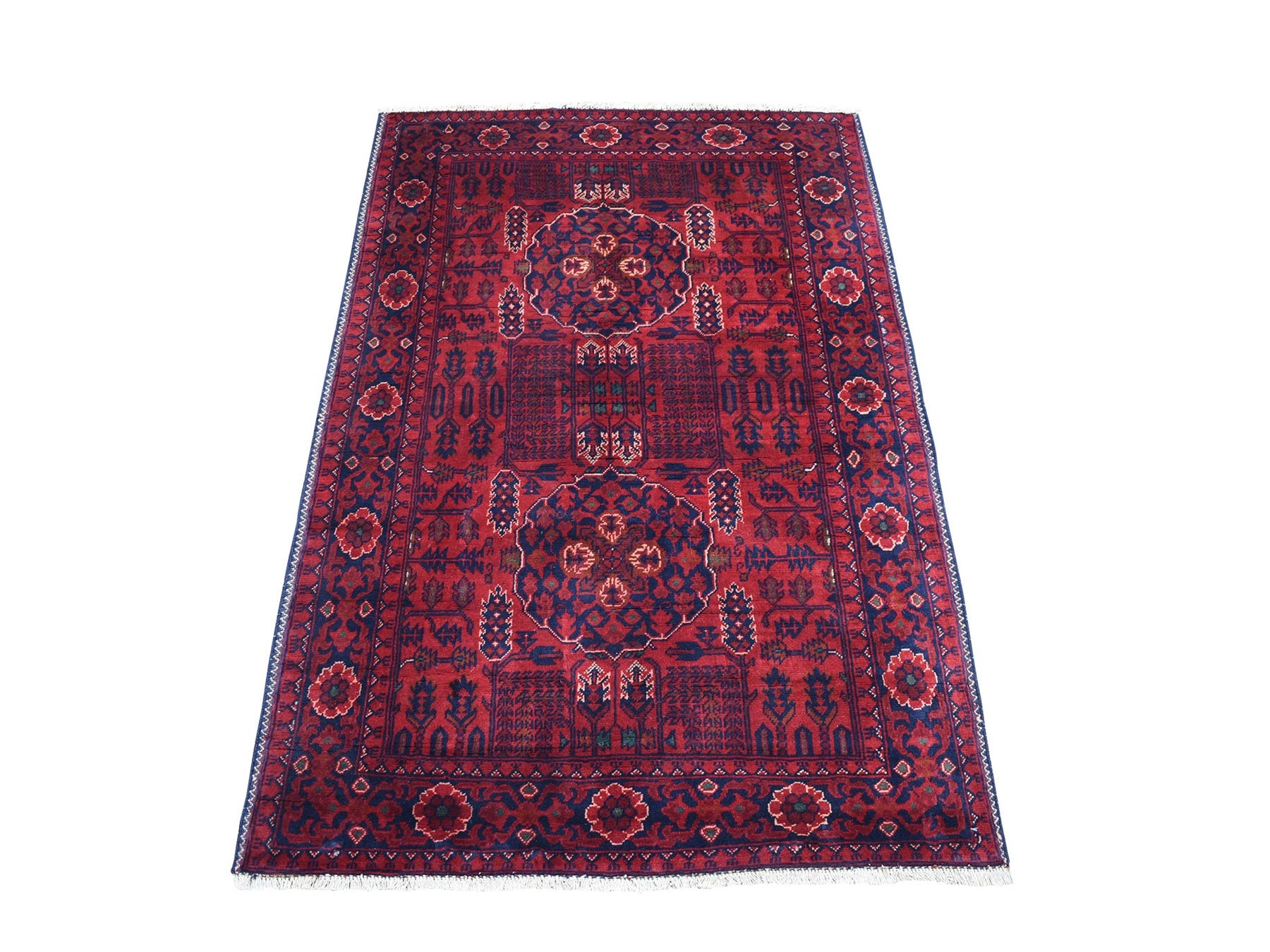 Tribal Tribal & Geometric hand-knotted wool rug in Red & Navy Blue, 3'3" x 4'10" — SKU O067957