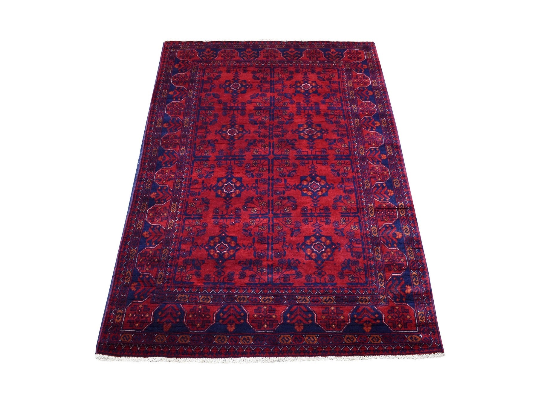 Tribal & Geometric hand-knotted wool rug in Red & Blue, 3'4" x 5' — SKU O068089