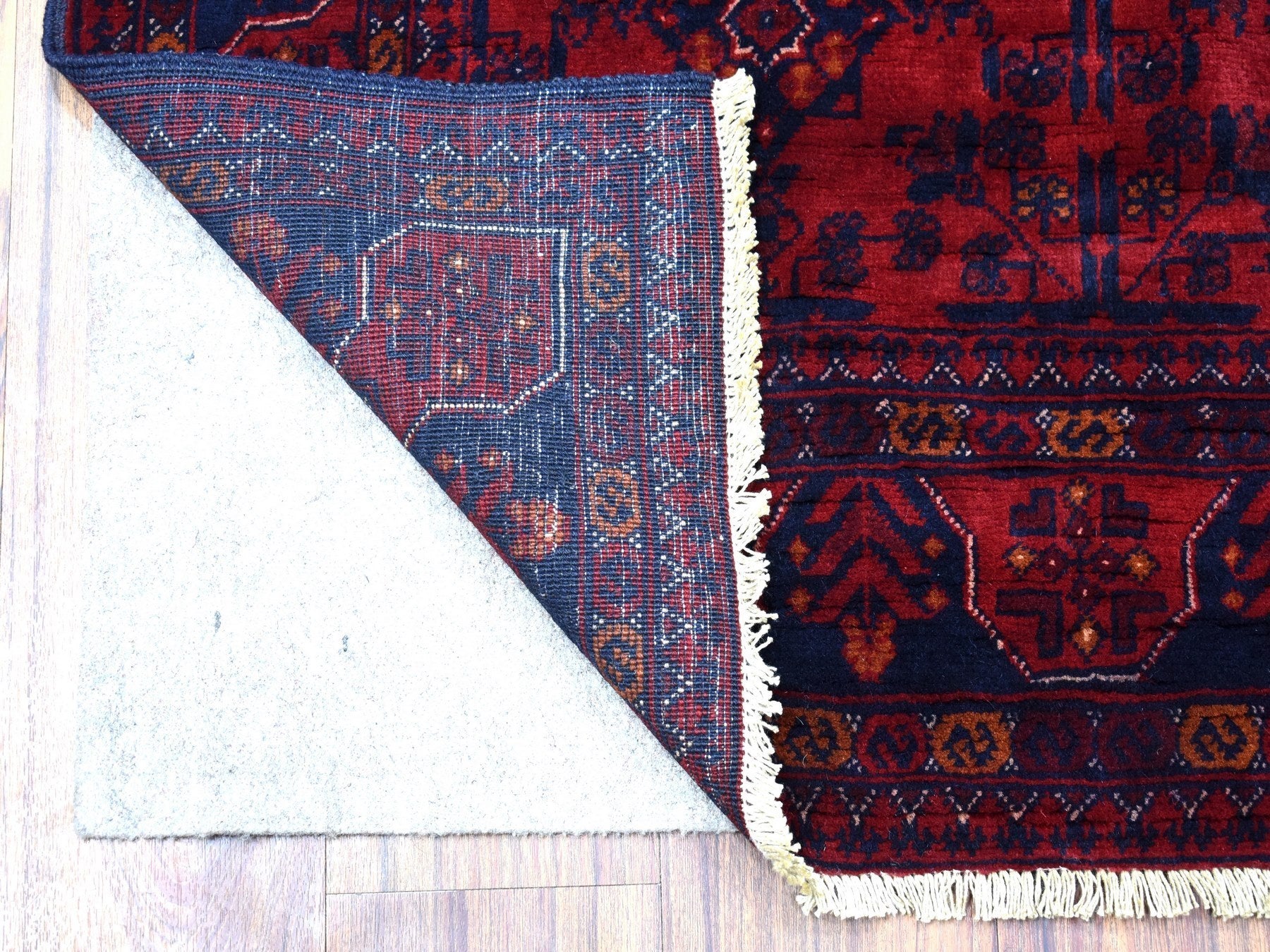 Tribal & Geometric hand-knotted wool rug in Red & Blue, 3'4" x 5' — SKU O068089 (view 2)