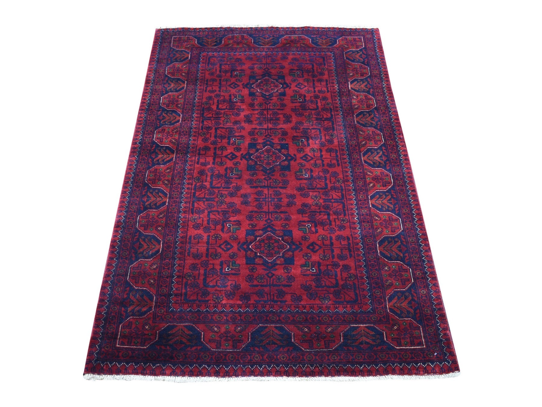 Tribal & Geometric hand-knotted wool rug in Red & Blue, 3'3" x 5' — SKU O068096