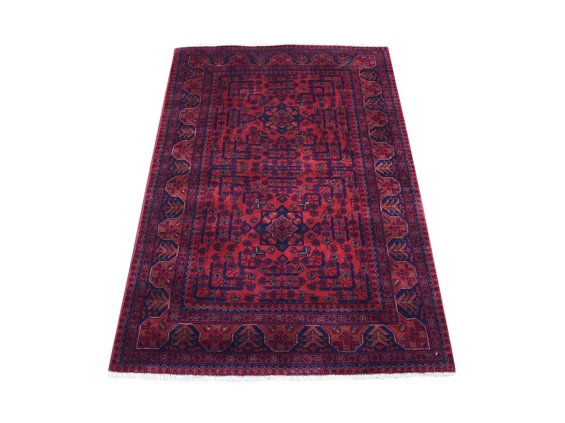 Tribal & Geometric hand-knotted wool rug in Red & Blue, 3'4" x 4'9" — SKU O068098