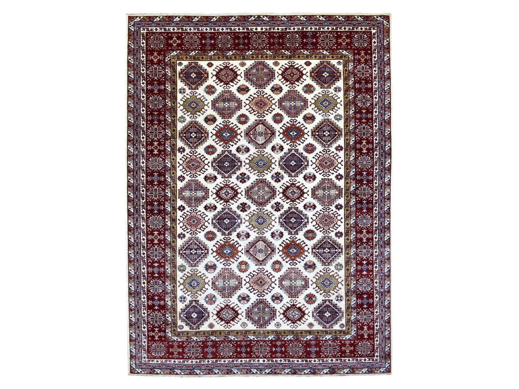 Kazak Kazak hand-knotted wool rug in Ivory & Dark Red, 9'1" x 12'4" — SKU O068224