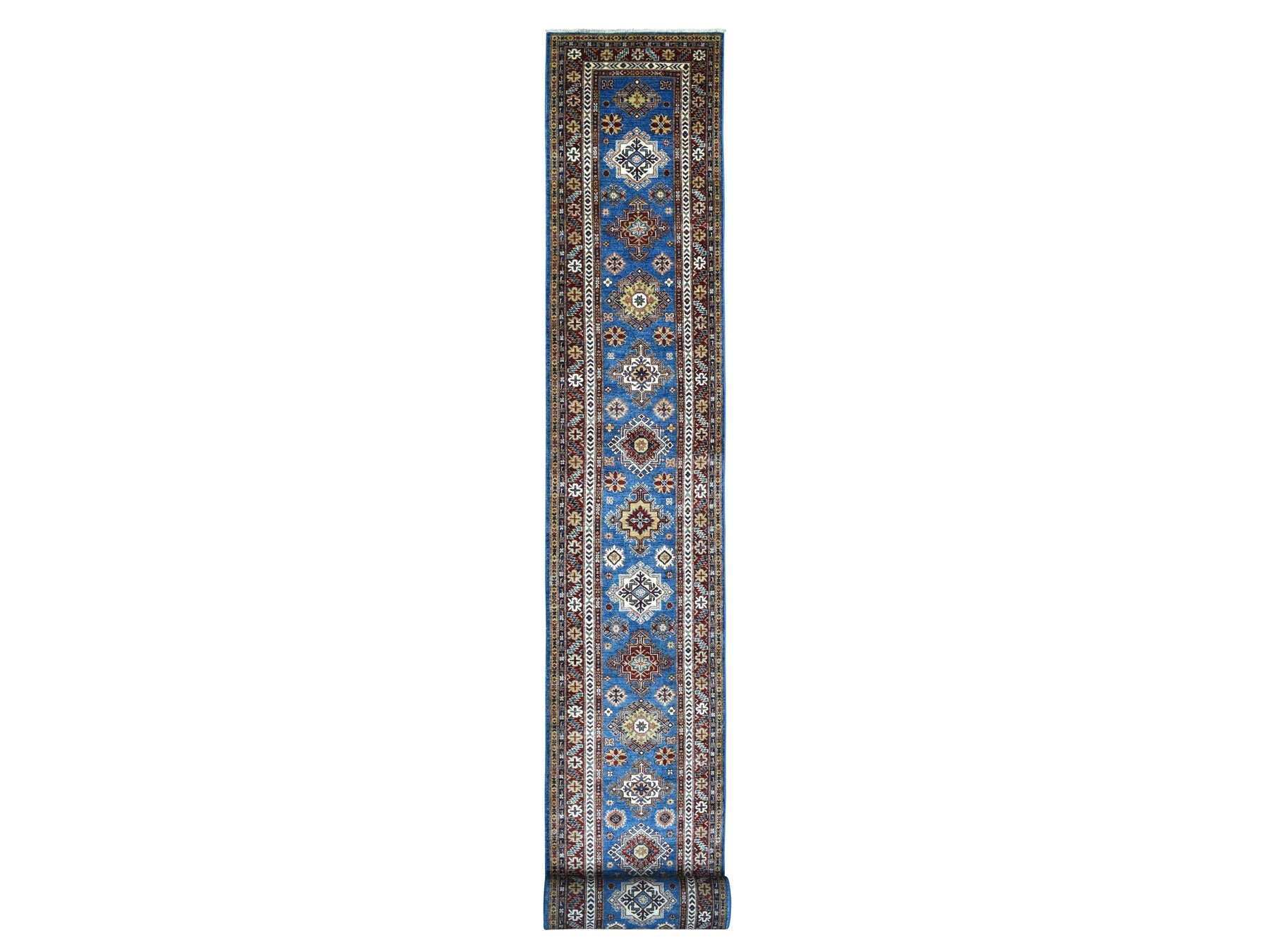 Kazak Kazak hand-knotted wool runner in Blue & Red, 2'10" x 37'2" — SKU O068600