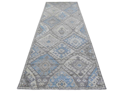 Tribal & Geometric hand-knotted wool runner in Gray, 4' x 11'7" — SKU O068604