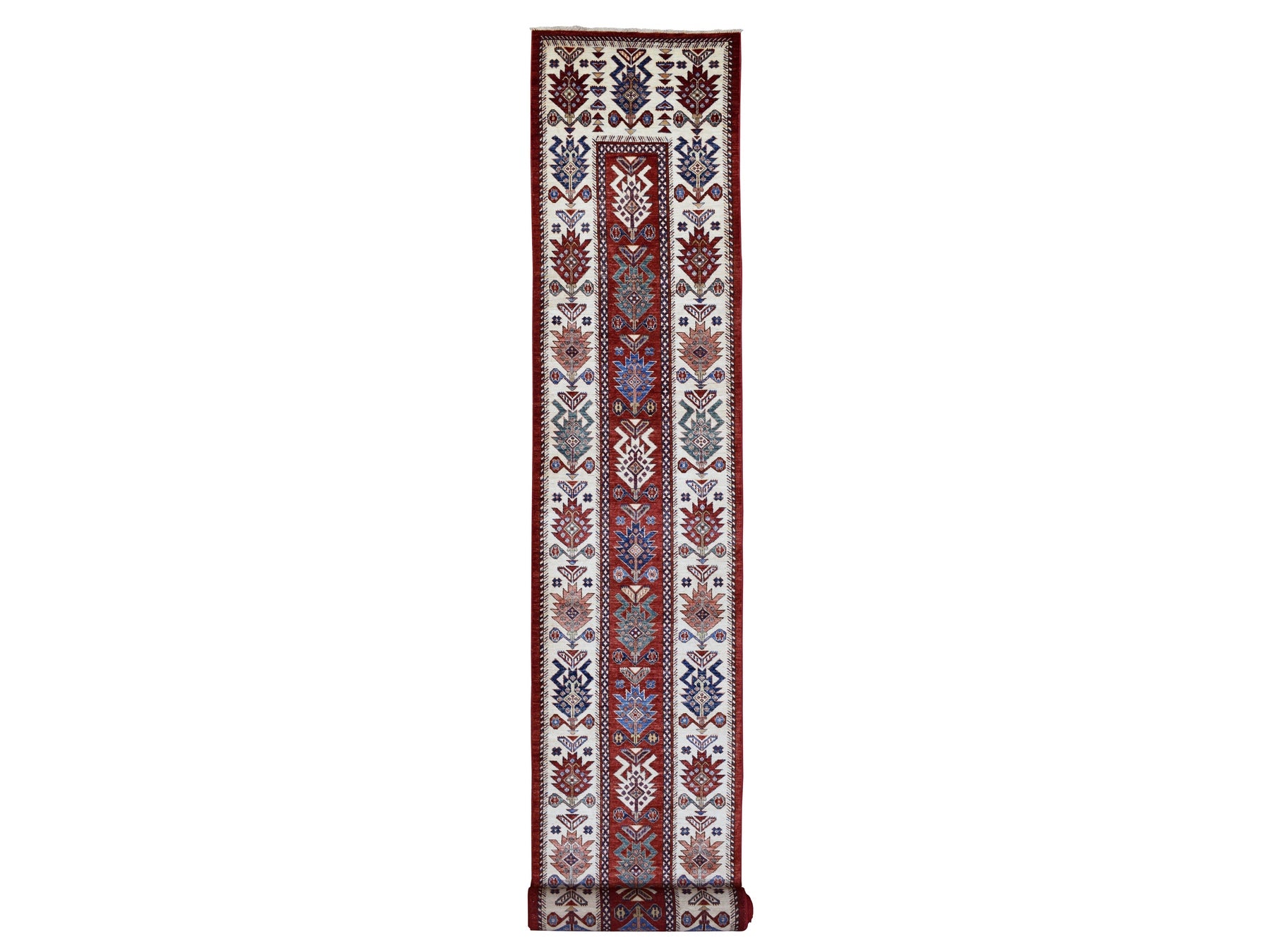 Kazak Kazak hand-knotted wool runner in Red & Ivory, 3' x 25'3" — SKU O068645