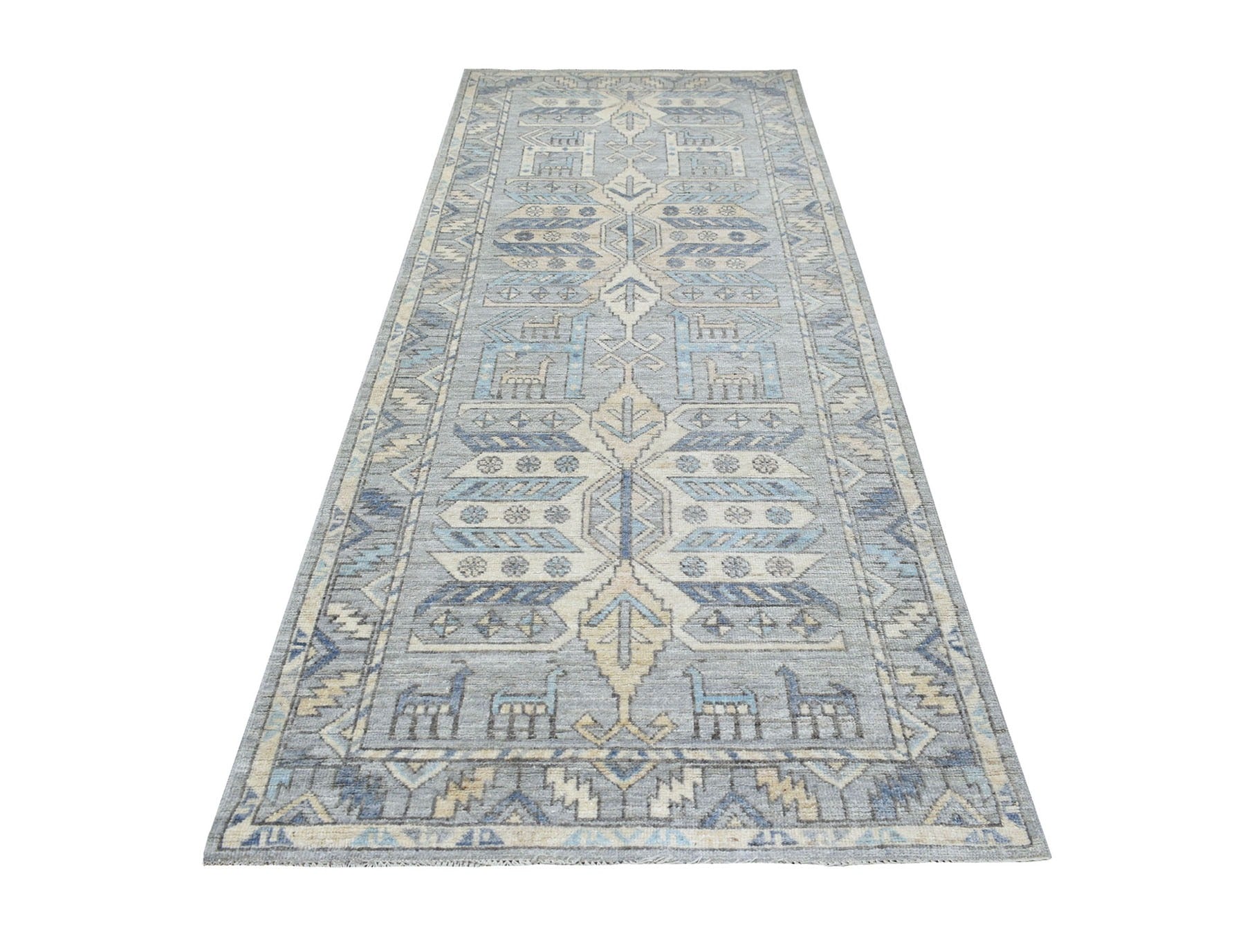 Tribal & Geometric hand-knotted wool runner in Gray, 4'1" x 9'9" — SKU O069503