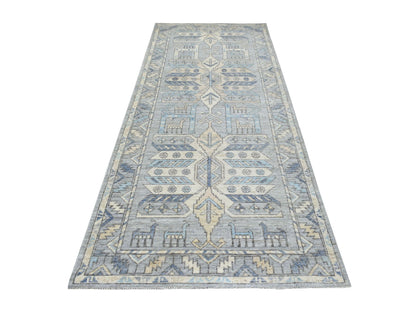 Tribal & Geometric hand-knotted wool runner in Gray, 4'1" x 9'9" — SKU O069503