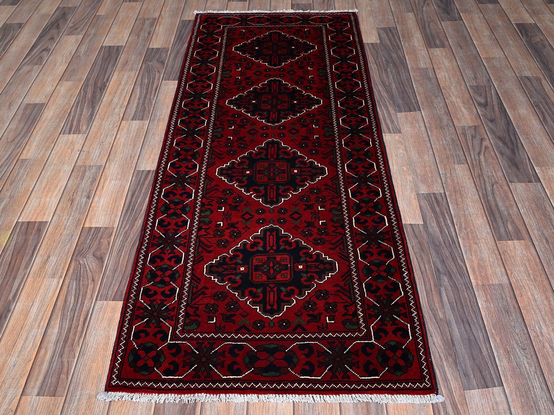 Tribal & Geometric hand-knotted wool runner in Red, 2'4" x 5'8" — SKU O0698 (view 2)
