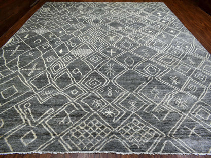 Grey 12'4" x 15'1" Tribal & Geometric Hand knotted Wool Rug - Sku: O070166