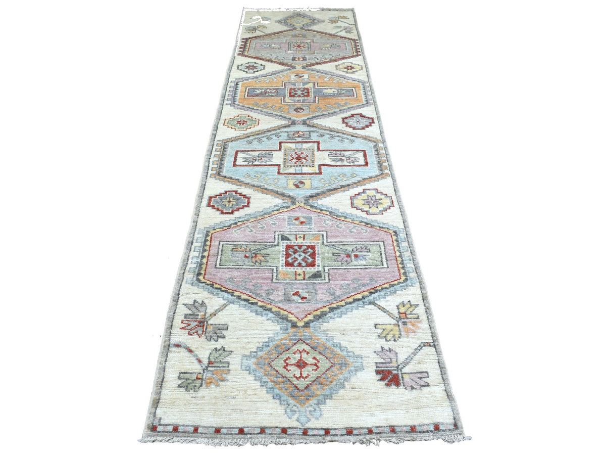 Tribal & Geometric hand-knotted wool runner in Gray, 3' x 12' — SKU O070181