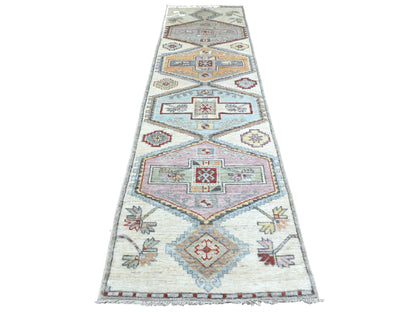 Grey 3'0" x 12'0" Tribal & Geometric Hand knotted Wool Rug - Sku: O070181