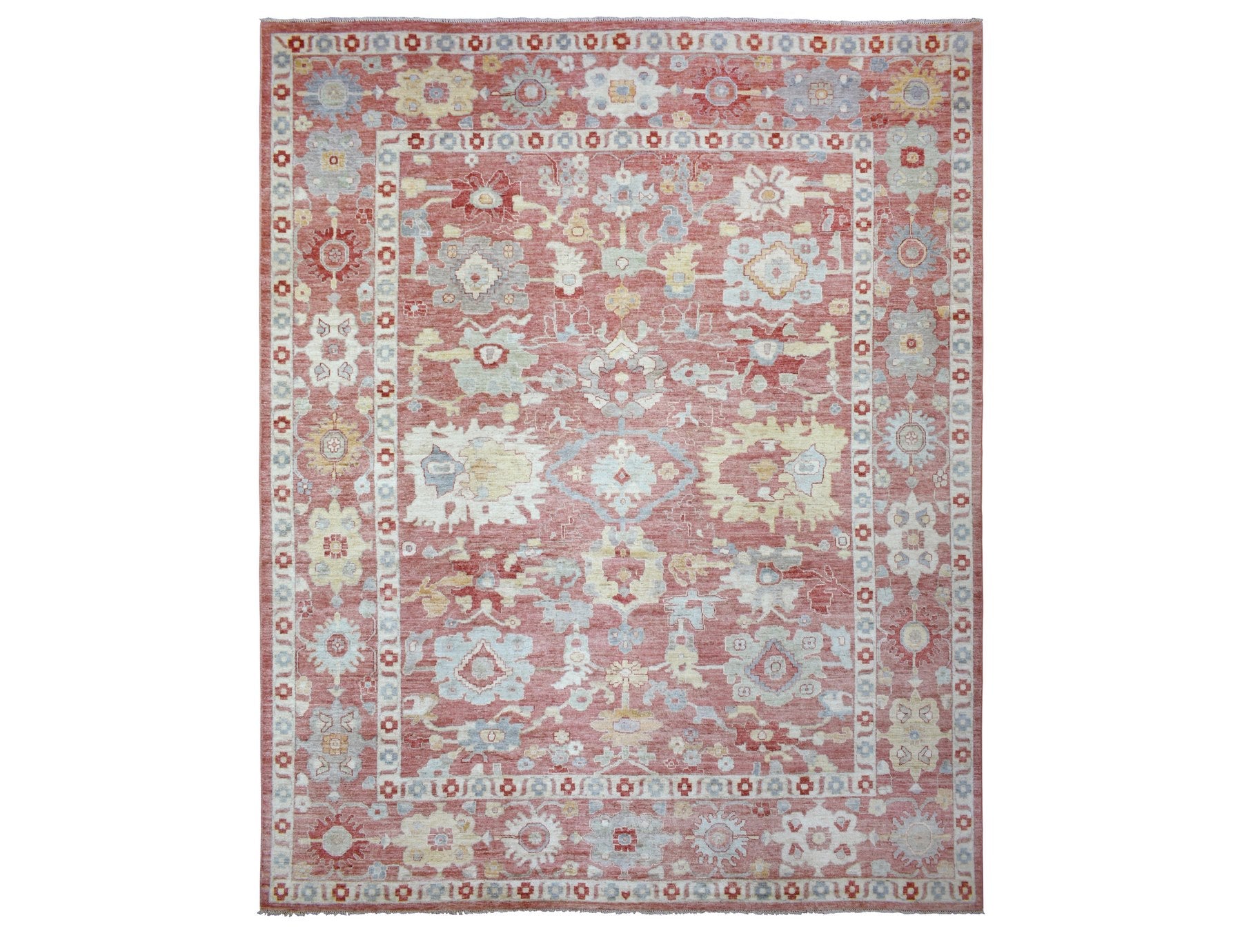 Oushak hand-knotted wool rug in Red & Coral Red, 11'7" x 14'6" — SKU O070194