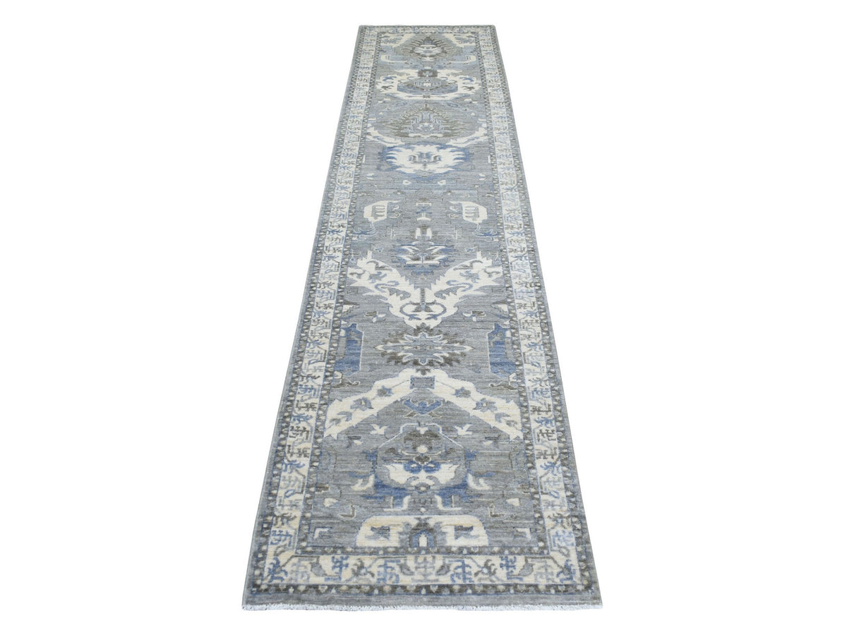 Peshawar Oushak hand-knotted wool runner in Gray & Ivory, 2'6" x 11'6" — SKU O070226