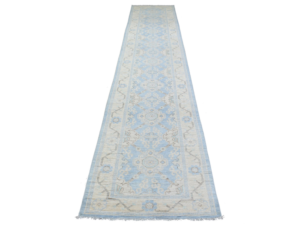 Peshawar Oushak hand-knotted wool runner in Blue & Beige, 2'9" x 15' — SKU O070267