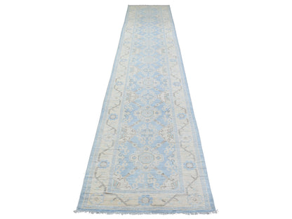 Peshawar Oushak hand-knotted wool runner in Blue & Beige, 2'9" x 15' — SKU O070267