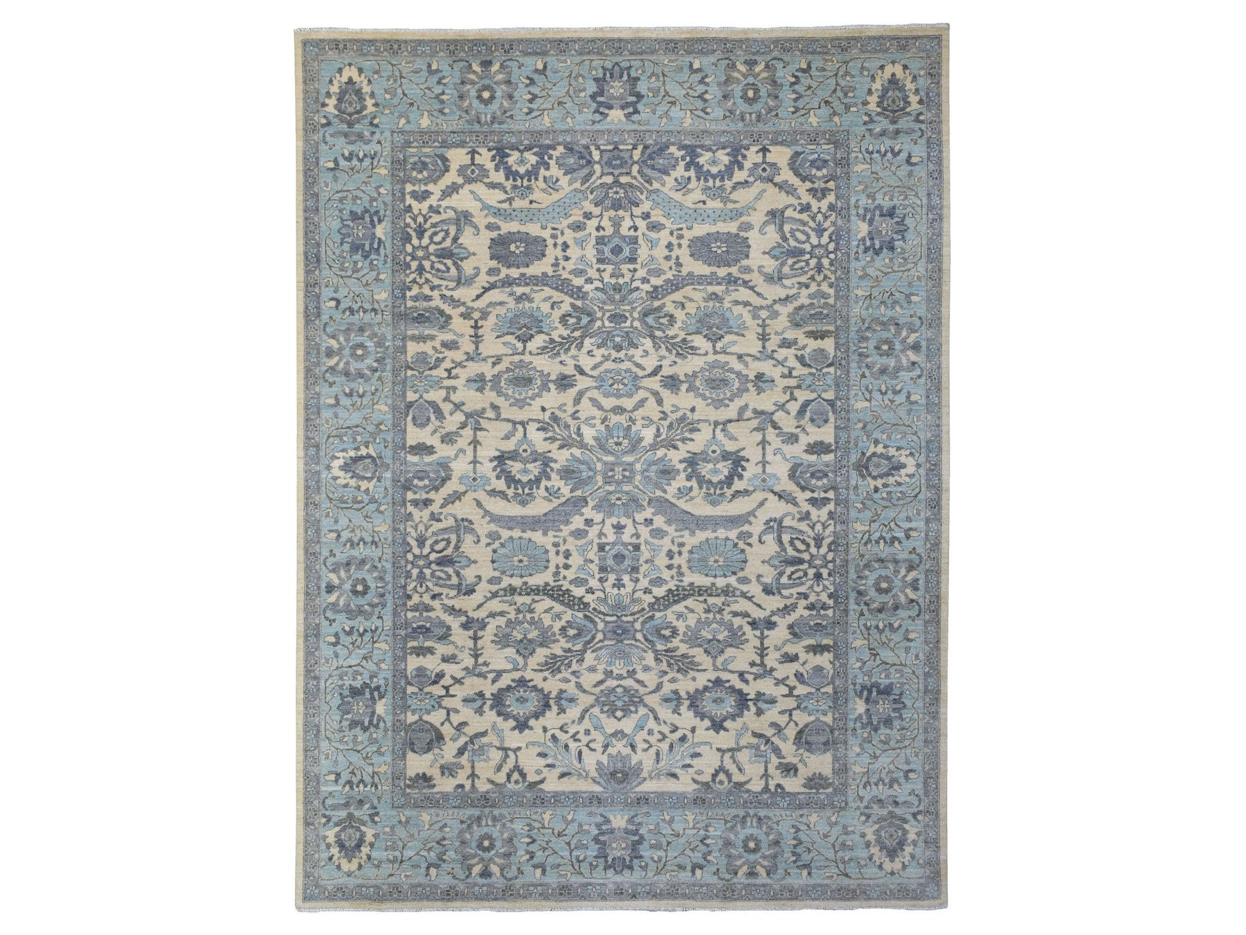 Peshawar Oushak hand-knotted wool rug in Ivory & Blue, 9' x 11'10" — SKU O070317