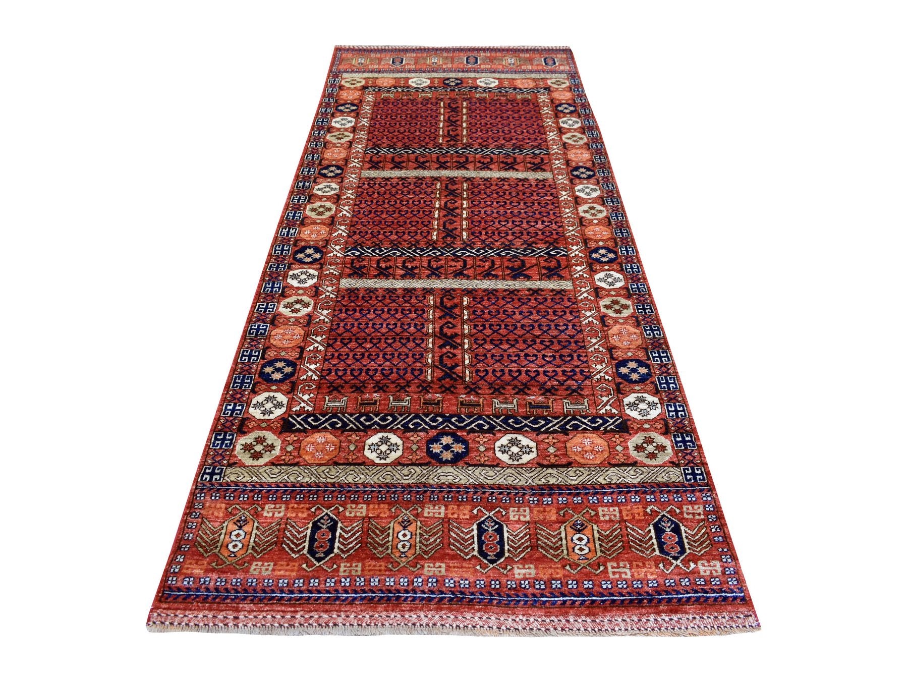 Red 4'1" x 10'2" Tribal Hand knotted Wool Rug - Sku: O070357