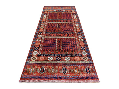 Red 4'1" x 10'2" Tribal Hand knotted Wool Rug - Sku: O070357
