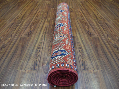 Red 4'1" x 10'2" Tribal Hand knotted Wool Rug - Sku: O070357