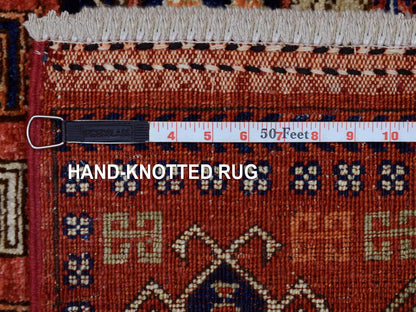 Red 4'1" x 10'2" Tribal Hand knotted Wool Rug - Sku: O070357