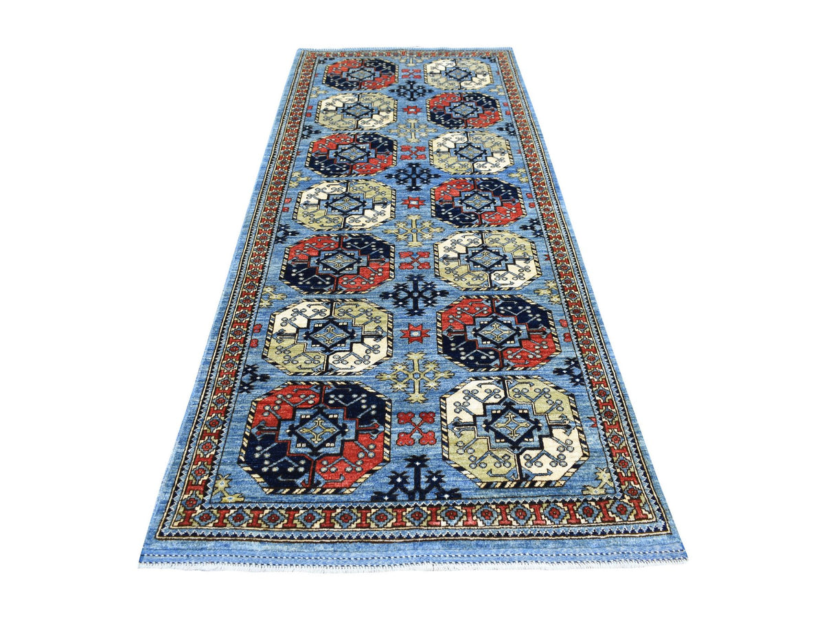 Ersari Tribal & Geometric hand-knotted wool runner in Blue, 4'1" x 9'9" — SKU O070392